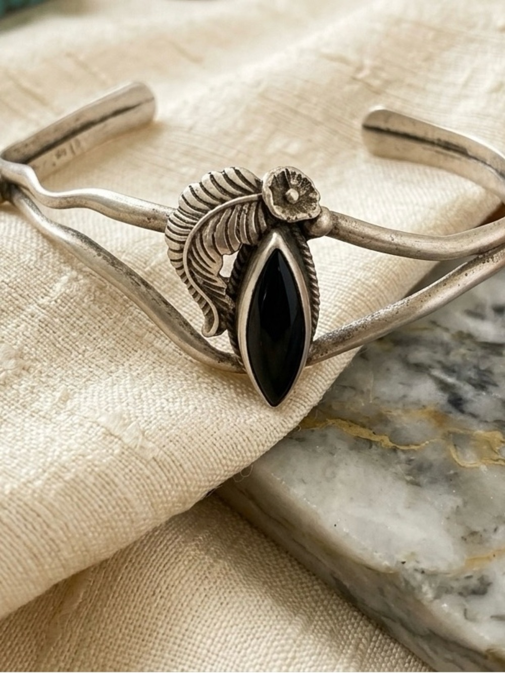 Petite Navajo Sterling Silver and Black stone Cuff bangle Bracelet